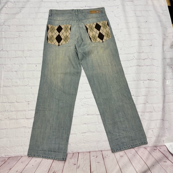 Ecko Unlimited Stylish Baggy Jeans Dirty Wash Denim Argyle Pocket 34 x 32 EuC - Picture 2 of 12